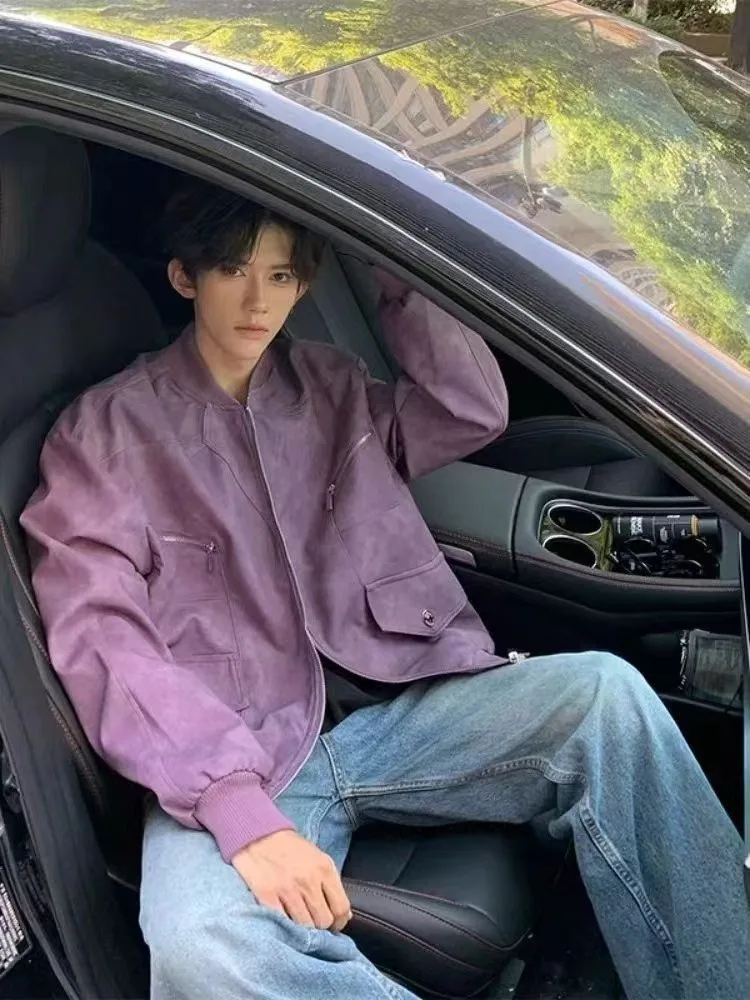 

Мужская куртка в американском ретро-стиле из искусственной кожи, свободного кроя, в стиле пилот/мотоциклетная/бейсбольная, рабочая одежда, фиолетовая, осенне-зимняя верхняя одежда