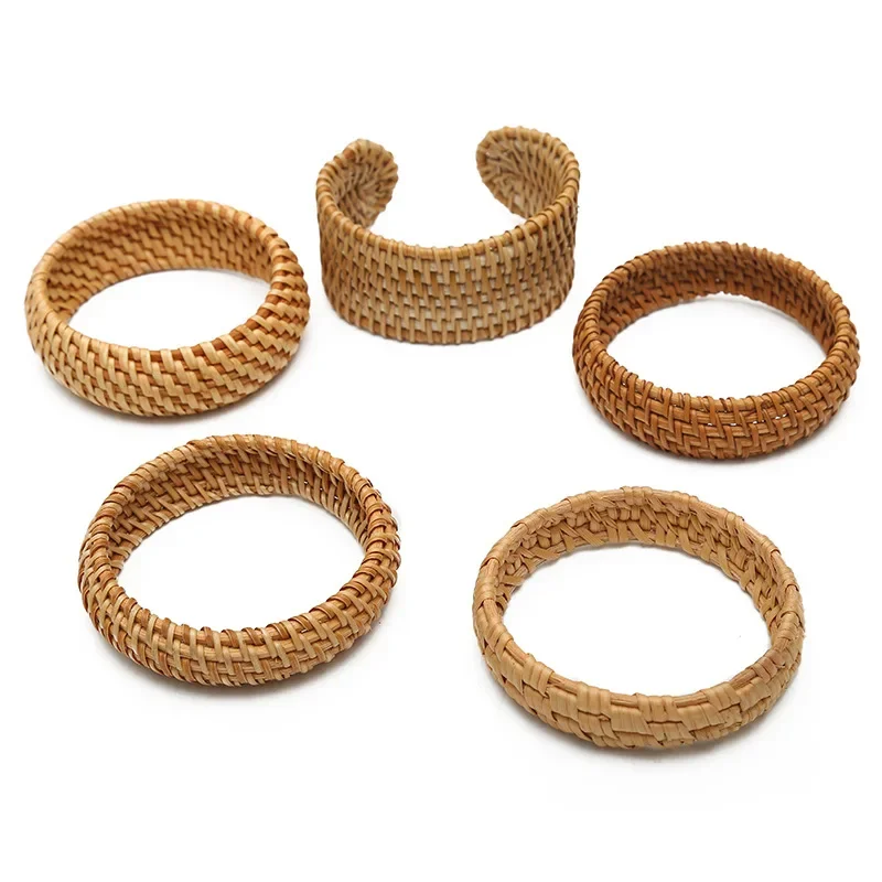 Bohemian Female Fashion Wood Bamboo Rattan Weave Handmade Bangles Big Bracelets For Women Boho Beach Style Ladies Jewelry Gifts