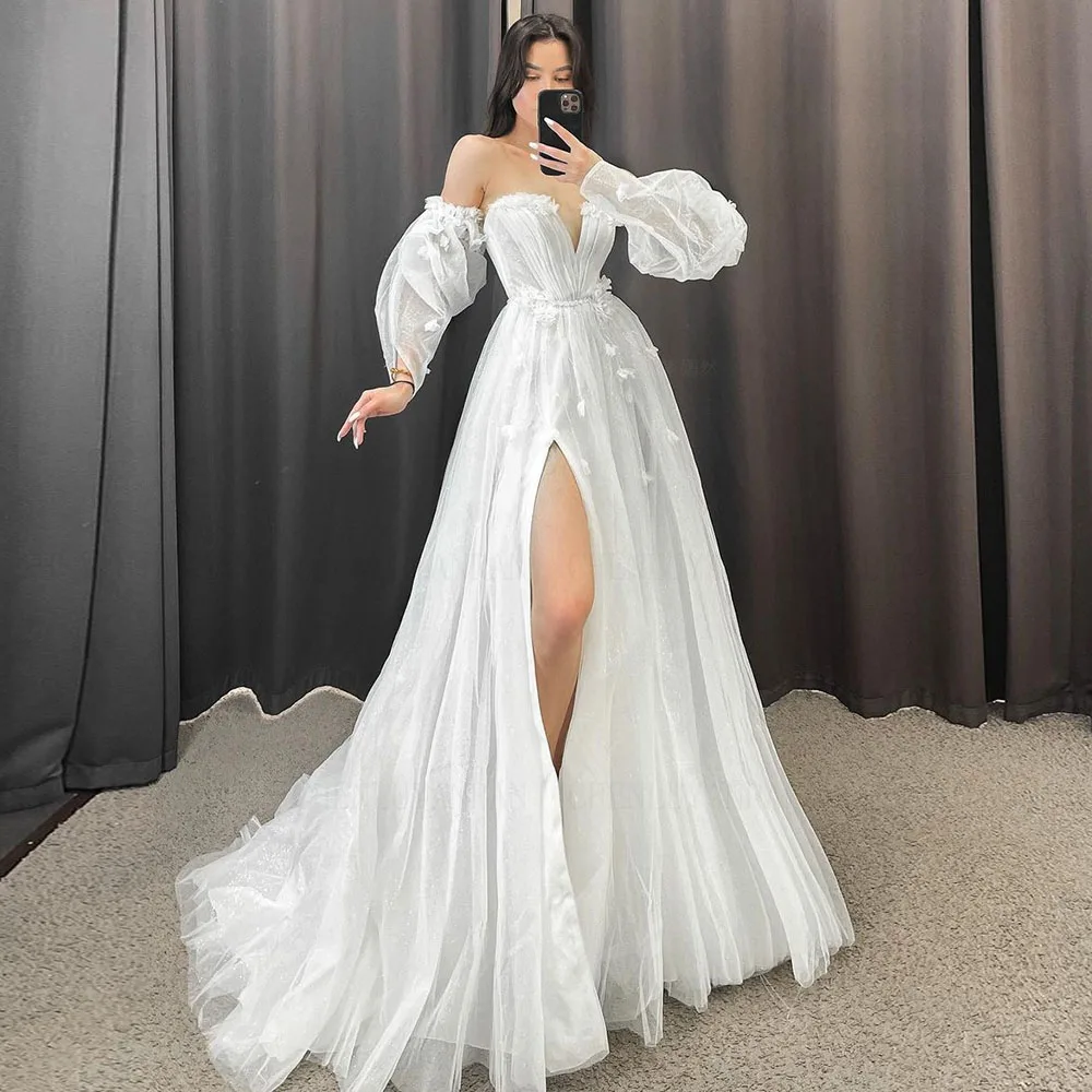 Sexy Wedding Dresses 2023 Women Applique Tulle Side Split Sexy Long Bride Dress A-Line Sweep Train Elegant Custom Occasion Gowns