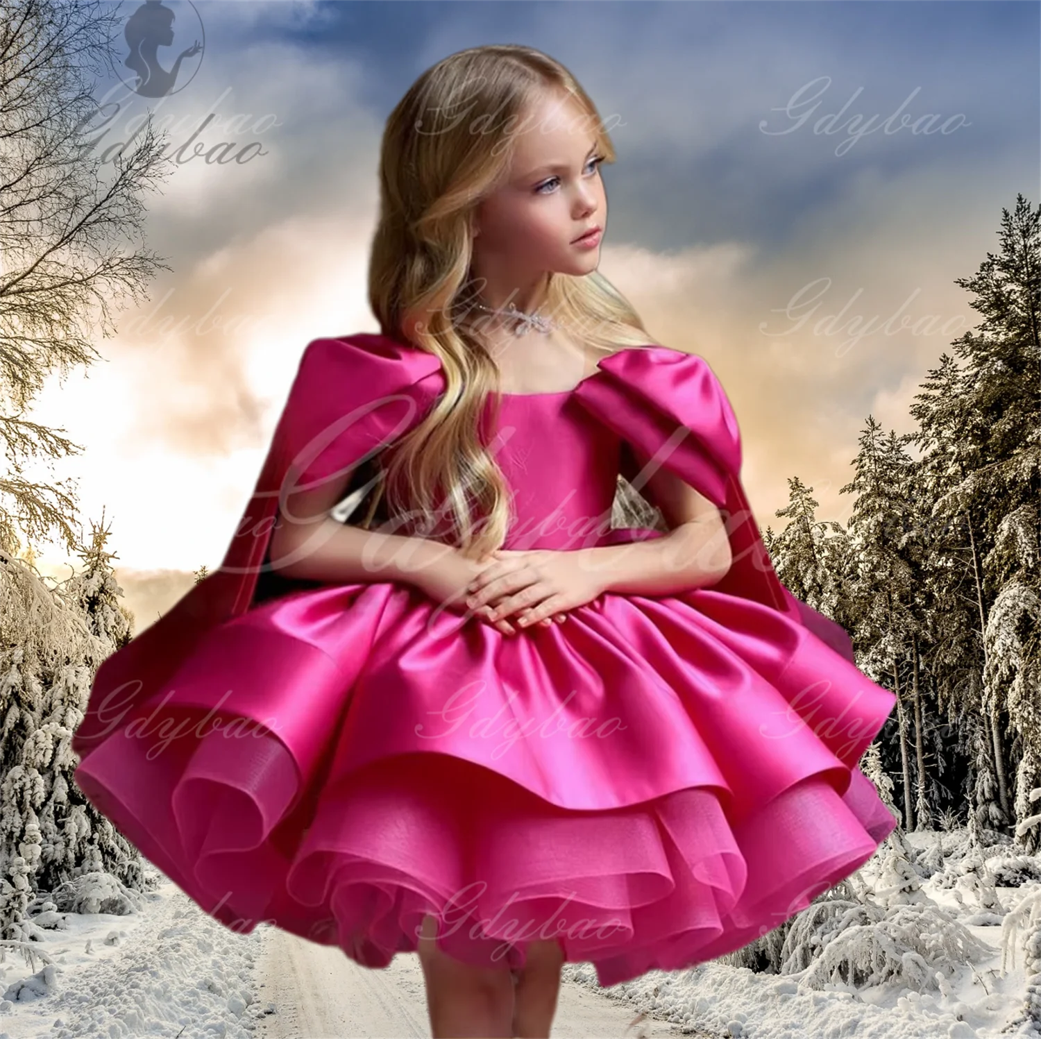 

Dusty Pink Flower Girl Dress Scoop Neck Off The Shoulder Big Bow Puff Cute Birthday Party Dresses Communion Gown