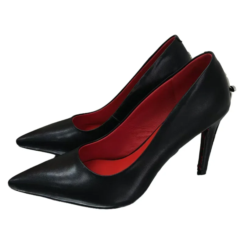Women's Vintage Blade Red Leather Suede High-Heeled Pumps Comfortable Plus Size 6cm Thin Heels Black CP Sword Scepter Design