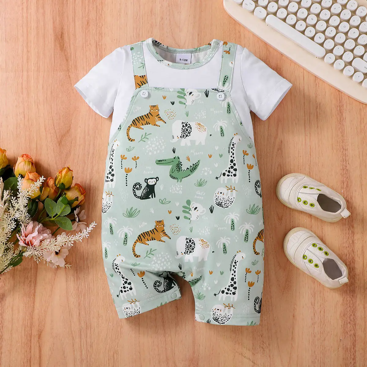 2026 Summer 1-18M Baby Clothes Playful Animal Print Fake Two-Piece Jumpsuit for Boys Short Sleeve Boys Romper