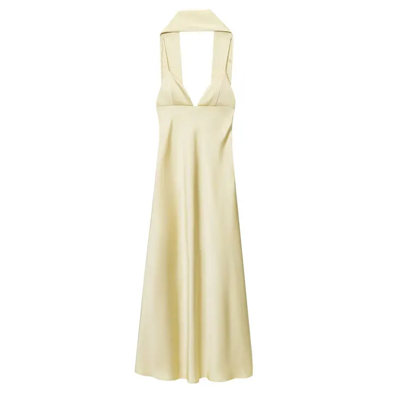 レディースホルターネックロングドレス、新作スカーフ、夏のイブニングパーティー、背中開きサテン スリップドレス、エレガントでセクシーなホワイトカスタムフォーマルガウン