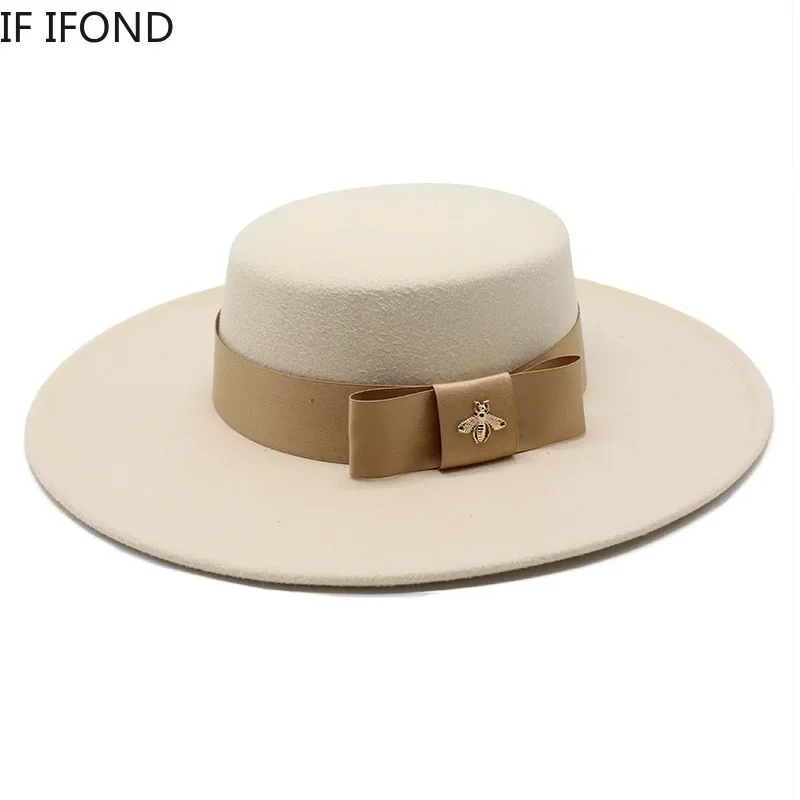 

Autumn Winter French Ladies Bownot Flat Top Fedora Hat 10CM Brim Banquet Elegant Felt Hat Wedding Dress Cap