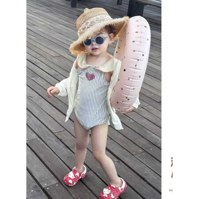 Swimwear 2026 Summer New Style Little Girls Striped Sweet and Cute Fashionable One-piece Swimsuit