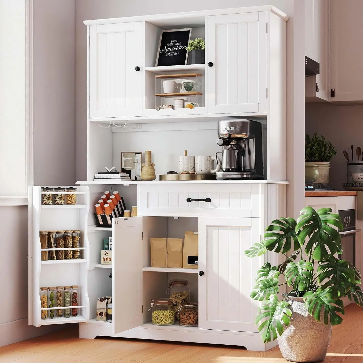 White Tall Kitchen Storage Cabinet with Closed Door and Adjustable Shelves, Freestanding Large‑Capacity Pantry Organizer for Dining Room, Living‑Room and Utility Space