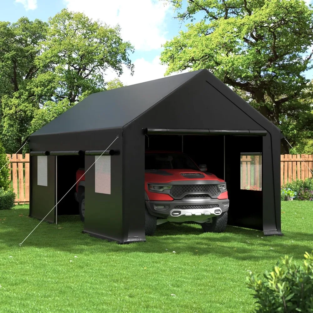 

Carport, 12x20 FT Heavy Duty Carport, Portable Garage with Roll-Up Windows & Side-Opening Door, Car Canopy Reinforced Four-Hole