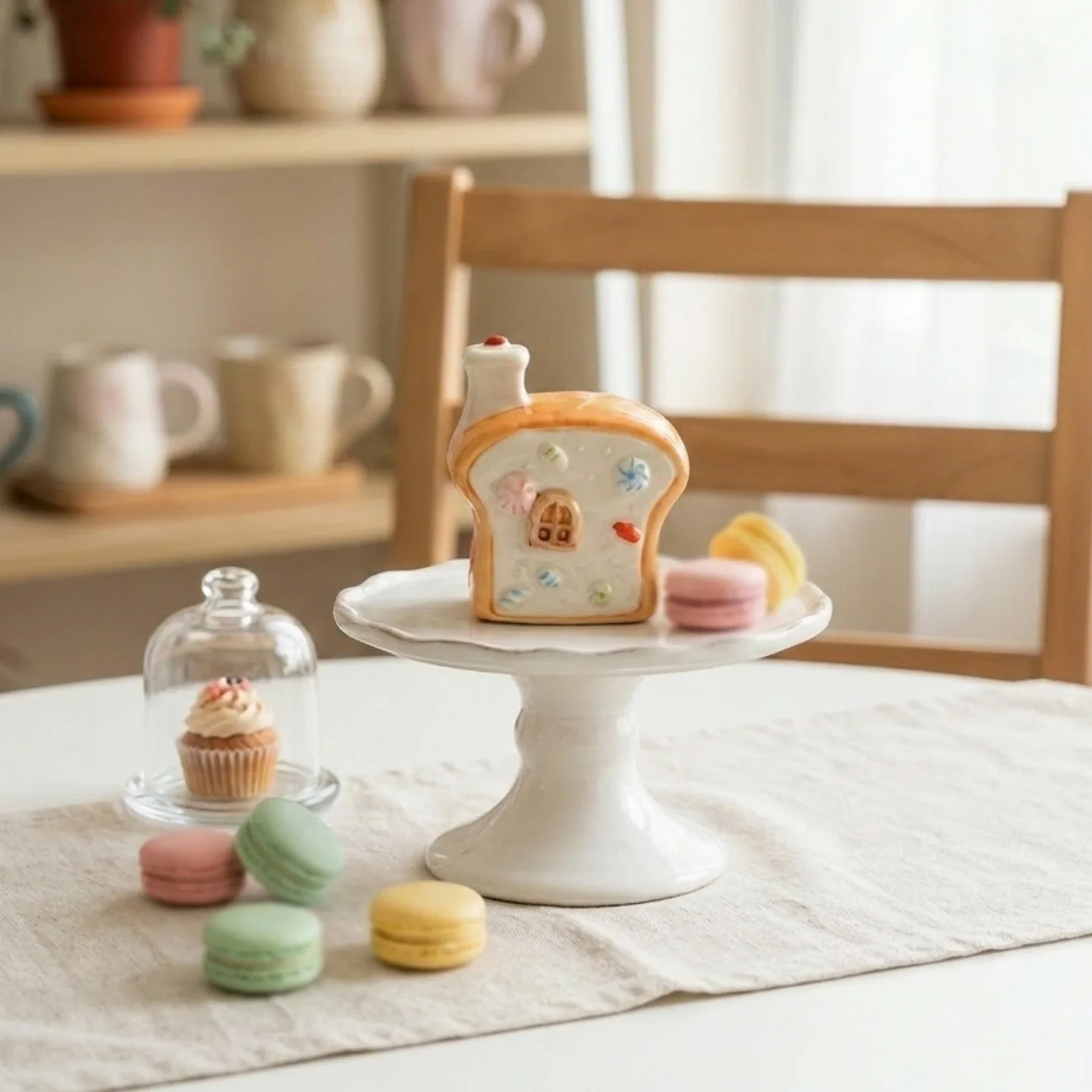 Kawaii Toast House Ceramic Figurine, Cute Mini Bread Shaped Porcelain Ornament, Aesthetic Pastry Decor