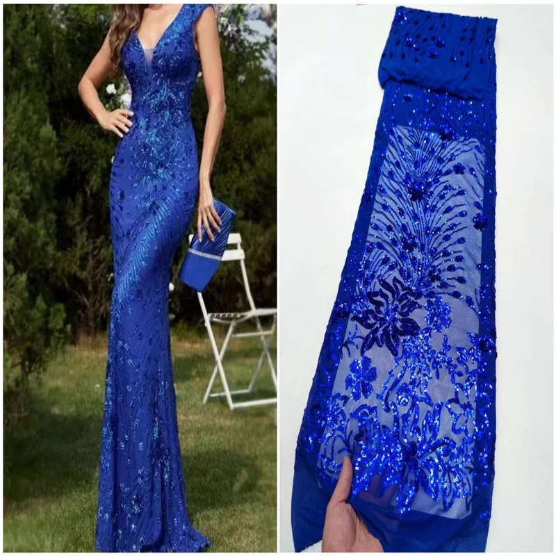 2024 Royal Blue Sequins Tulle Lace Fabric High Quality African Swiss Voile Embroidery Mesh Net Laces 5 Yards For Sew Party Dress