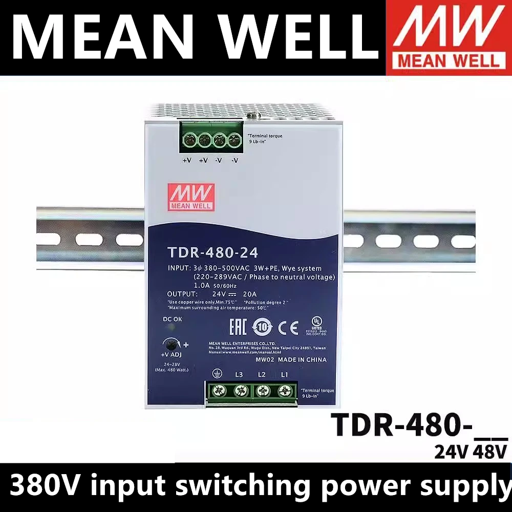 

Original Mean Well TDR-480-24 DC 24V20A TDR-480-48 48V10A 480W Three Phase Industrial DIN Rail with PFC Function Power Supply