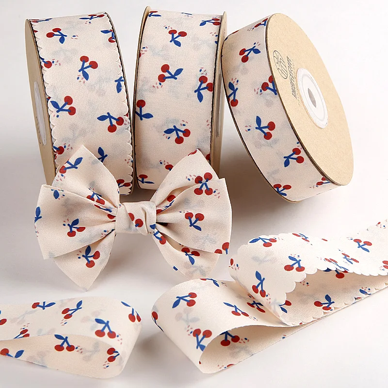 1m Cherry Double-Sided Printed Ribbon DIY Bow Hair Accessories Clothing Decorative Tooth Edge Polyester Cotton Edge