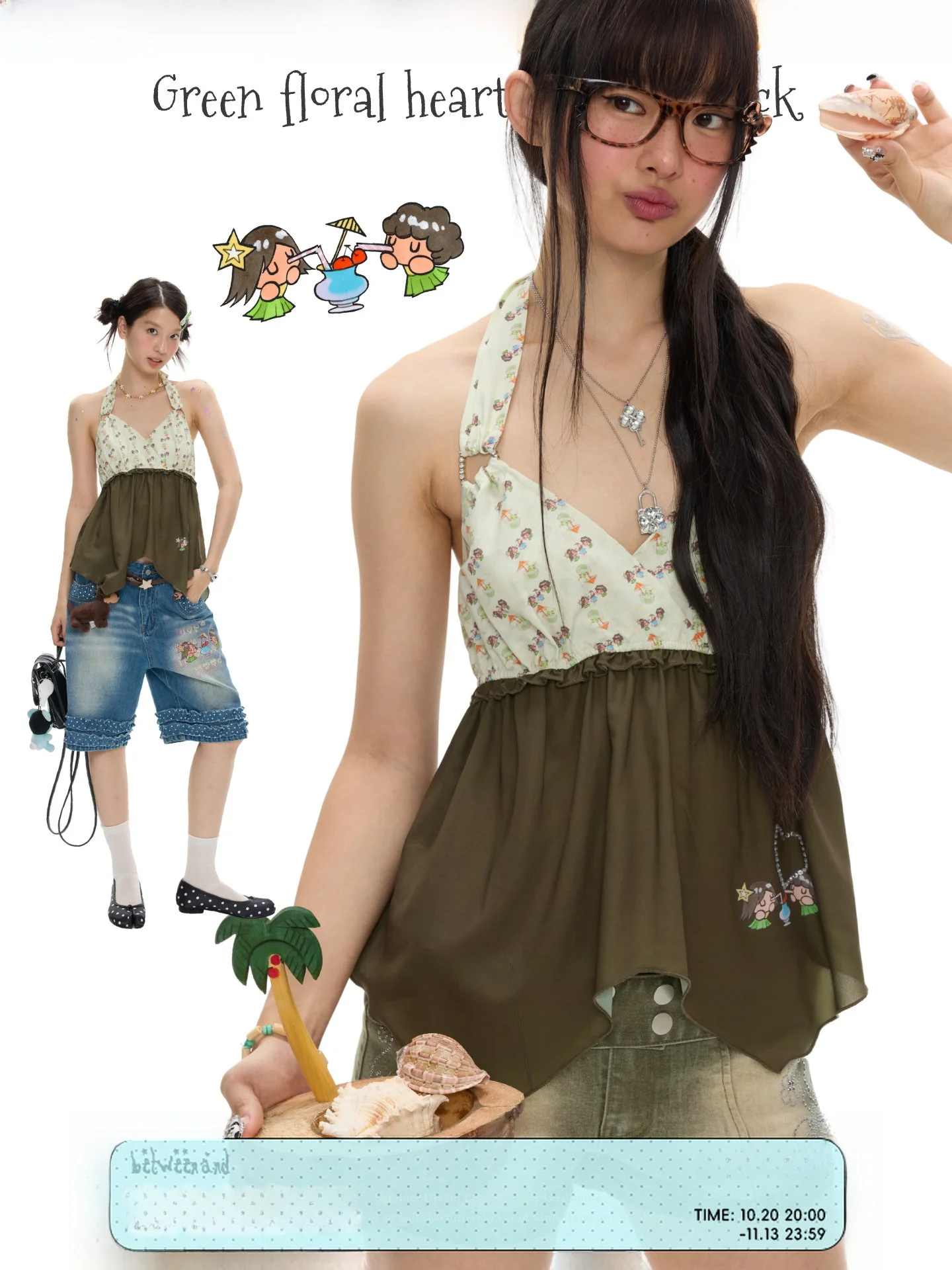 BENANDx Greenery Printed Chiffon Top Neck Hanging Strap Fruit Green Color 2026 New Style Women's Commute Style Slim Fit Blouse