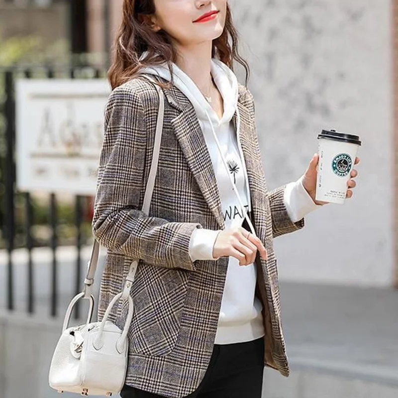 Fashion Lapel Button Spliced Pockets Korean Lattice Blazer Women Clothing 2023 Autumn New Casual Tops Loose Office Lady Blazers