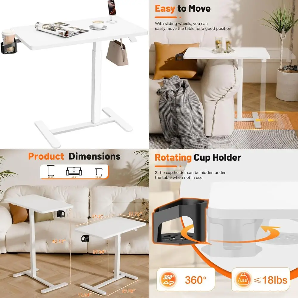 

Overbed Bedside Table with Wheels, Phone Stand, Cup Holder and Headphone Hook, Adjustable Height Side Table, Hospital and Home U