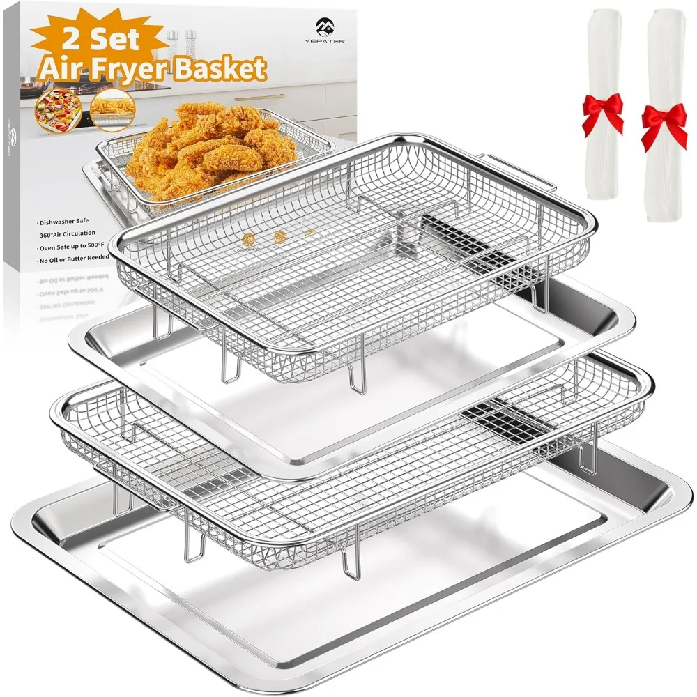 

2-Piece Air Fryer Basket Set with Tray and Parchment Papers for Oven Baking Grilling Cooking