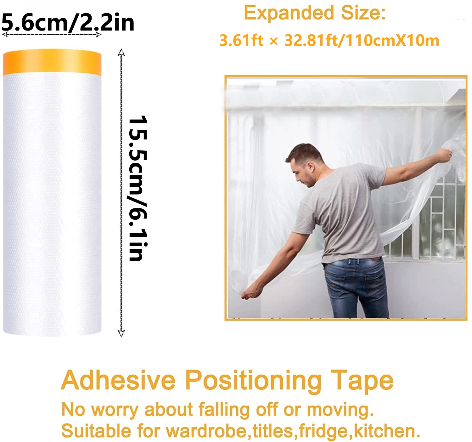 1 Roll Pre-Applied Masking Film, Adhesive Plastic Painting Drip Film, Multi-Purpose Paint Masking Paper for Furniture And Walls
