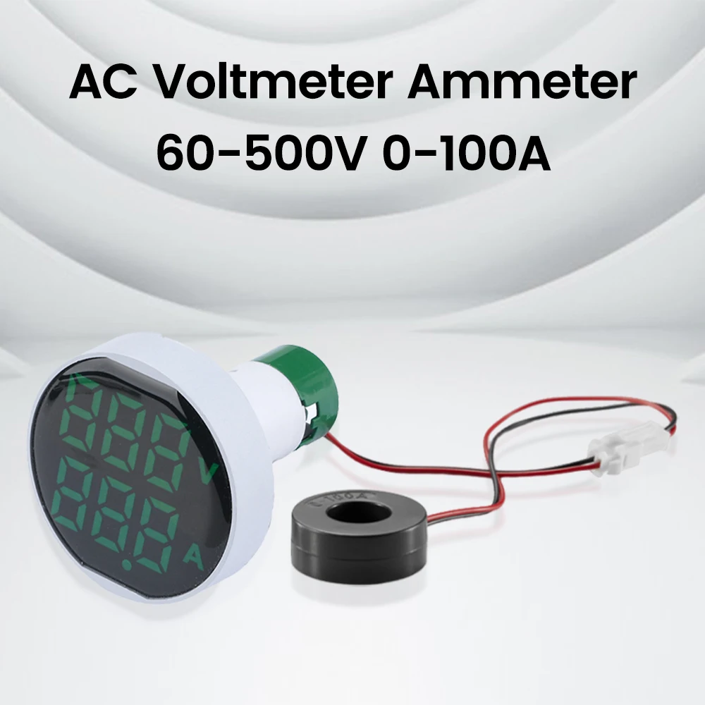 49mm AC 60-500V 0-100A Round Square Digital Voltmeter Ammeter Meter Amp Volt Voltage Tester Dual LED Indicator