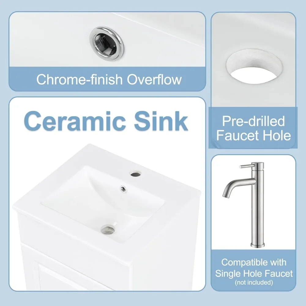 Lemari Kamar Mandi 18 inci dengan Wastafel & Organizer Pintu, Lemari Penyimpanan Kamar Mandi Kayu dengan Rak yang Dapat Disesuaikan, Wastafel Pedestal dengan Penyimpanan