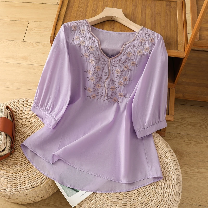 

Summer Loose Flower Embroidery Cotton And Linen Blouses Women Shirts Casual Vintage Short Sleeved Top Female Clothes