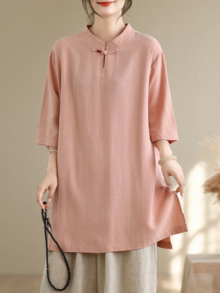 New Chinese Style Loose Fit Cotton Linen Shirt Women's Short Sleeve Midi Length Stand Collar Zen Tai Chi Casual Top