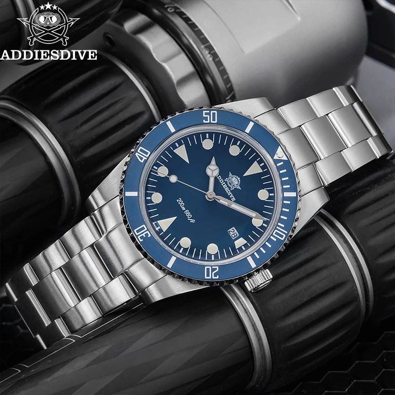 ADDIESDIVE 39mm Quartz Watches 316L Stainless Steel BGW9 Blue Luminous 20Bar Waterproof AD2068 Display Calendar Men's Watches