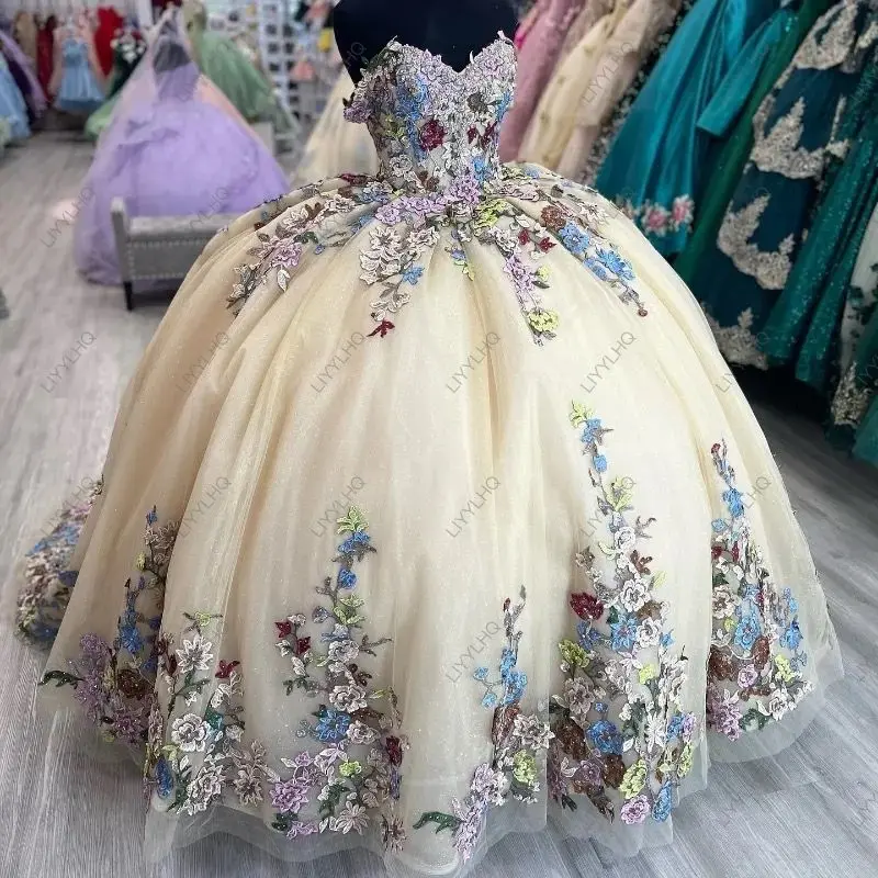 2024 Champagne Shiny Sweetheart Quinceanera Dress Ball Gown Mexican Applique Lace Sweet 16 Princess Vestidos De 15 XV Anos Long