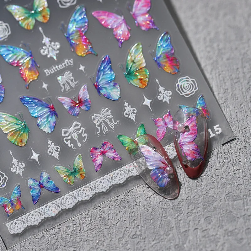 Beautiful Laser Colorful Dreamy Butterfly Figure Adhesive Nail Art Stickers Slider Manicure Parts Supplies Decorations 5D Relief