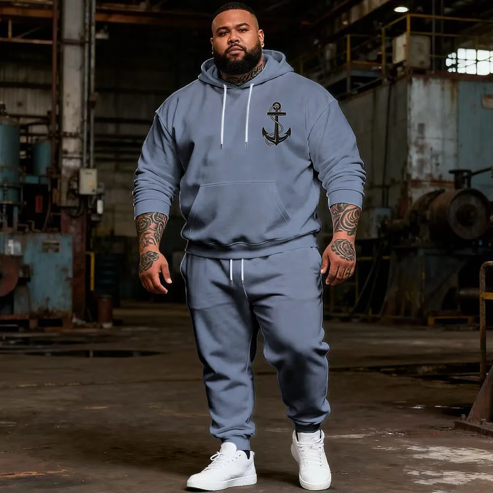 طقم هودي رجالي مقاس كبير S-9xl مع عناصر بحرية - ملابس كاجوال مكونة من قطعتين، قماش ناعم، ميزات مرساة وتفاصيل مخططة #1