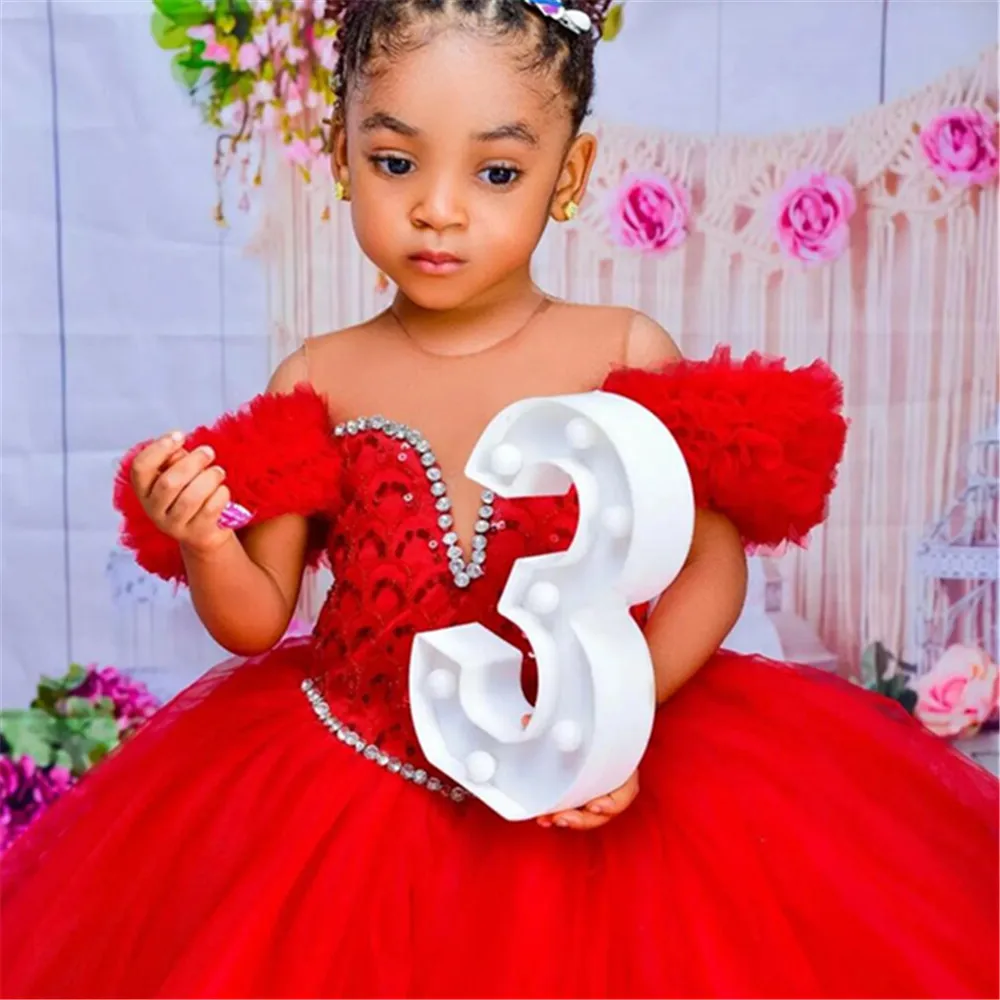 

Cute Kids Birthday Party Dresses Customized Beaded Flower Girl Dresses Tulle Knee Length Baby Ball Gowns for Wedding