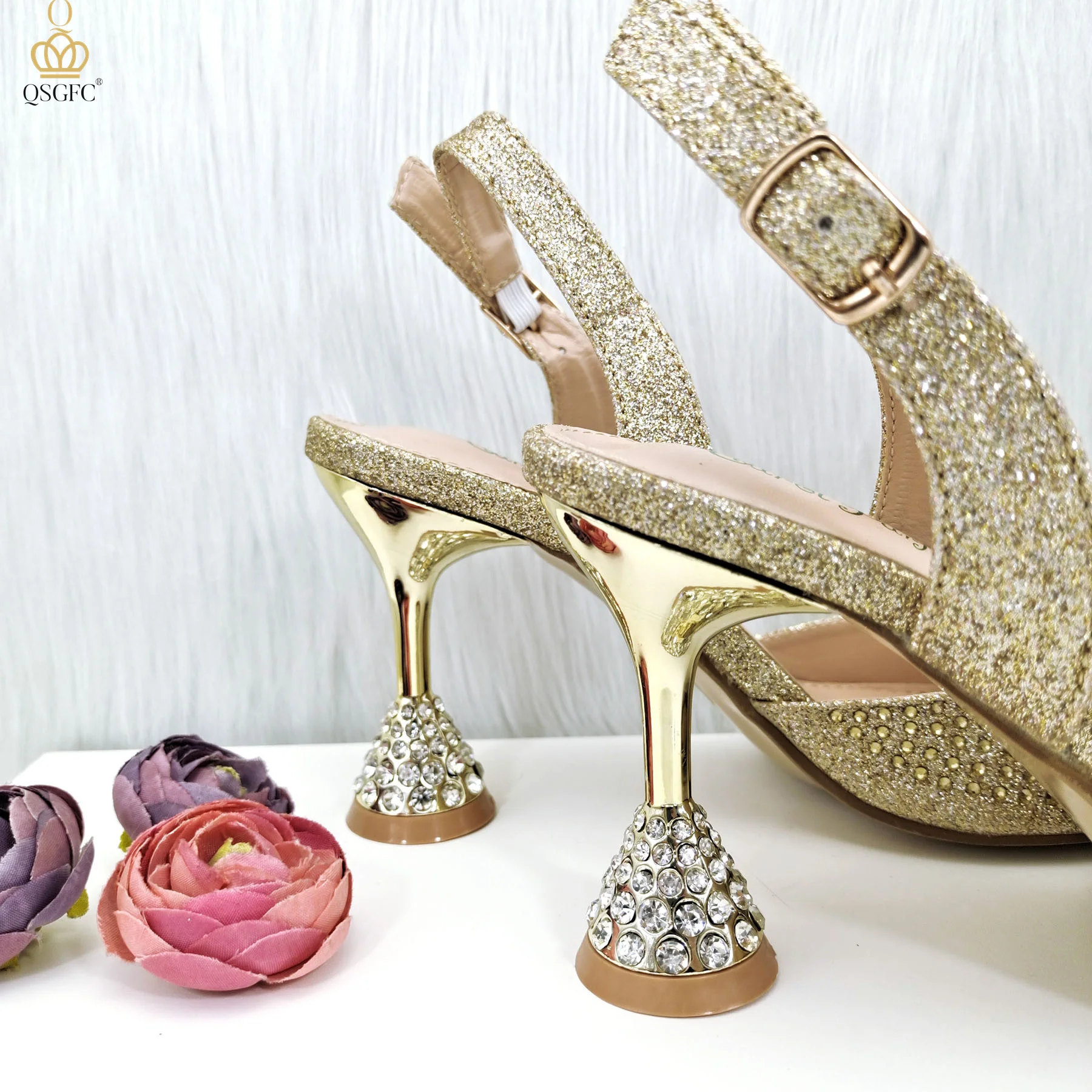 QSGFC Gold Color Elegant Lady Shoes And Bag Set with Rhinestone Embellished Pearls-knot Wear-resistant And Comfortable Heel