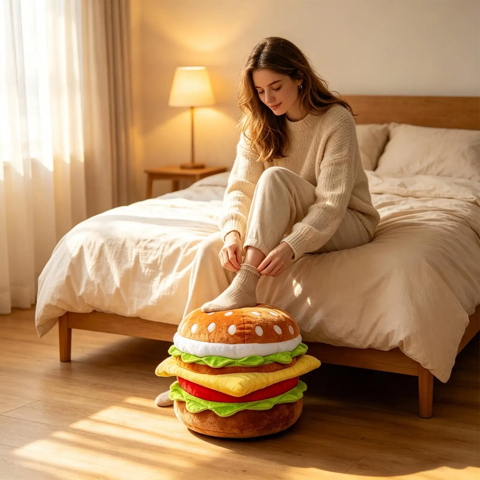 Storage Stool Soft Decorative Funny Hamburger Furniture Small Storage Ottoman Foot Stool For Home Bedroom Playroom Kids Room