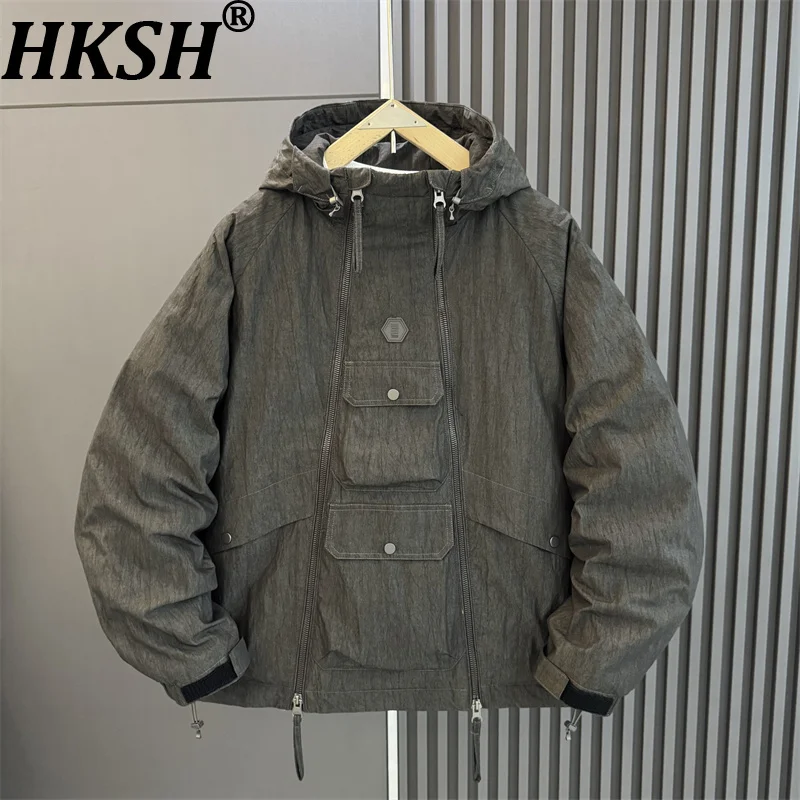 

HKSH Autumn Winter New Men Cotton Jacket Hooded Double Zipper Japanese Style Windbreaker Youth Casual Double Cotton Coat HK13051