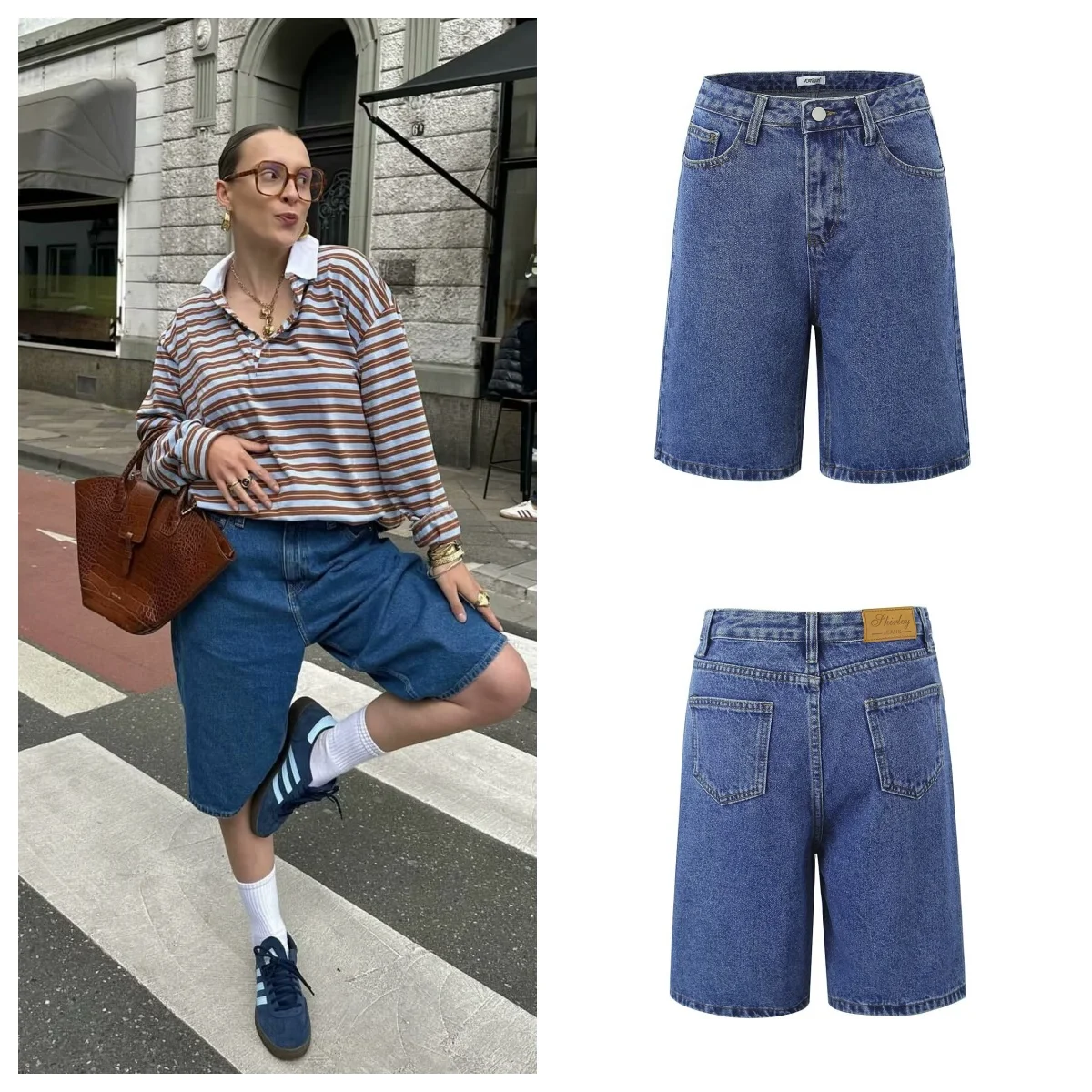 

American hot girl blue straight denim shorts women's spring and summer new high waist slim wide leg five-point casual pants