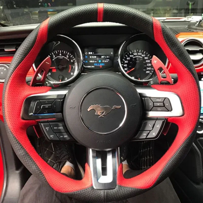 Hand Stitched Sports style non-slip Genuine Leather Car Steering Wheel Cover For Ford Mustang 2015-2021 Mustang GT 2015-2021