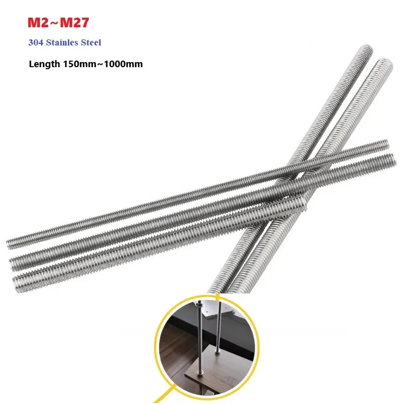 1pcs Diameter M2 to M27 Full Threaded Bar 304 Stainles Steel Fully Metric Thread Rod Screw Bolt Stud Length 150mm to 1000mm