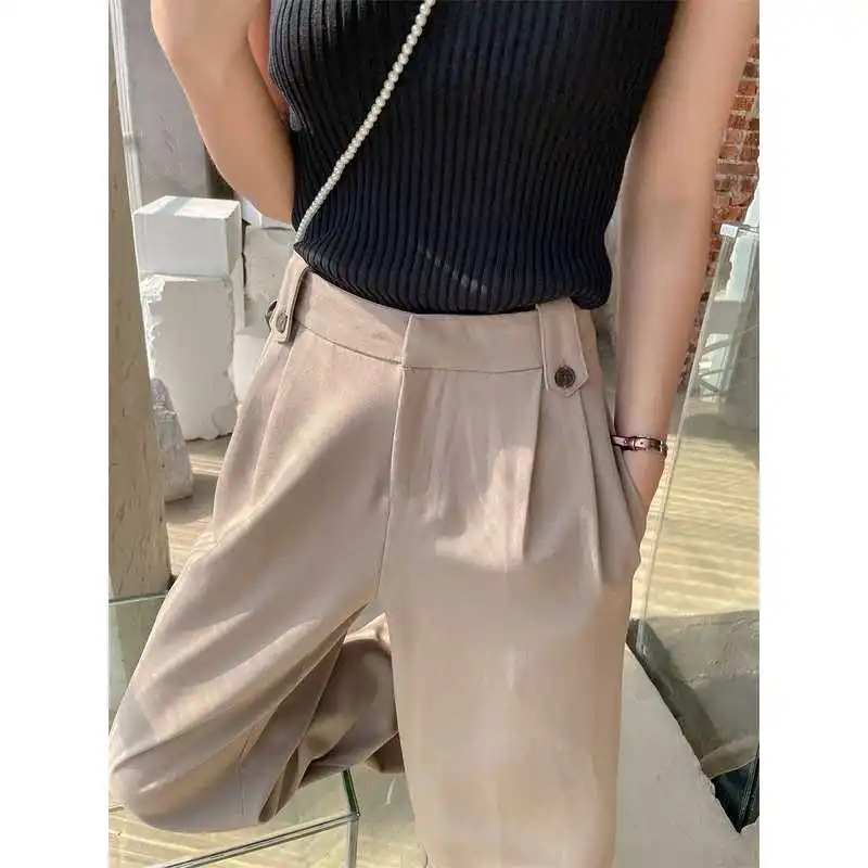 

Широкие брюки с высокой талией, женские свободные утягивающие повседневные брюки Hangti, Cleanfit Sle, материал ПВХ для женщин среднего возраста