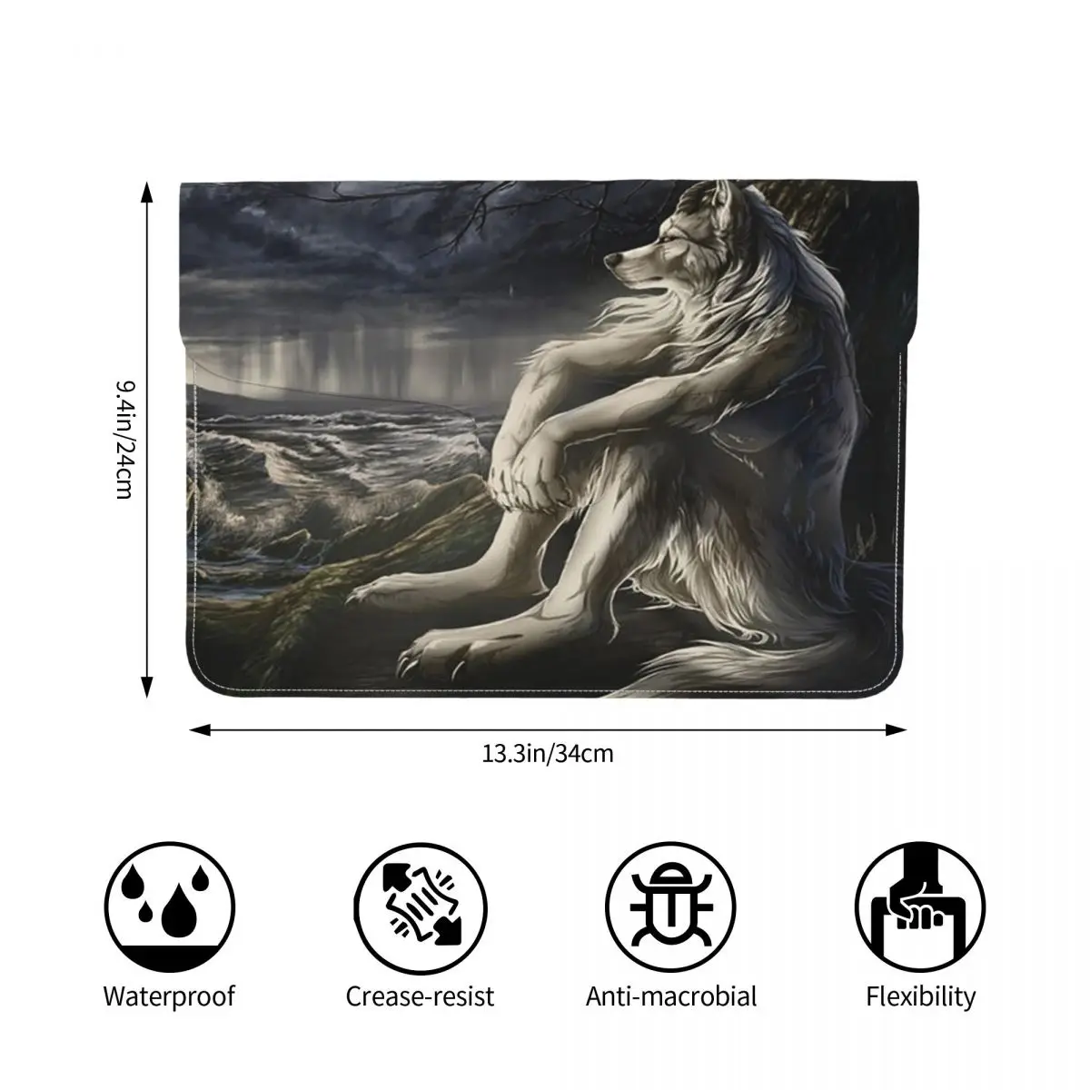 Emo White Wolf Sitting Sad Meme PU Leather Horizontal Laptop Sleeve Shockproof Soft Lining Notebook Case 13 Inch