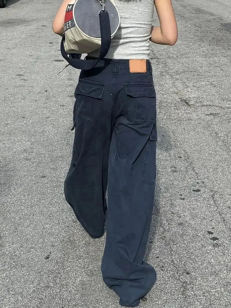 ヴィンテージウォッシュワイドレッグジーンズ レディース レトロ ハイウエスト ルーズフィット ワークウェア デニムパンツ 大きなポケット付き裾 ストリートスタイル