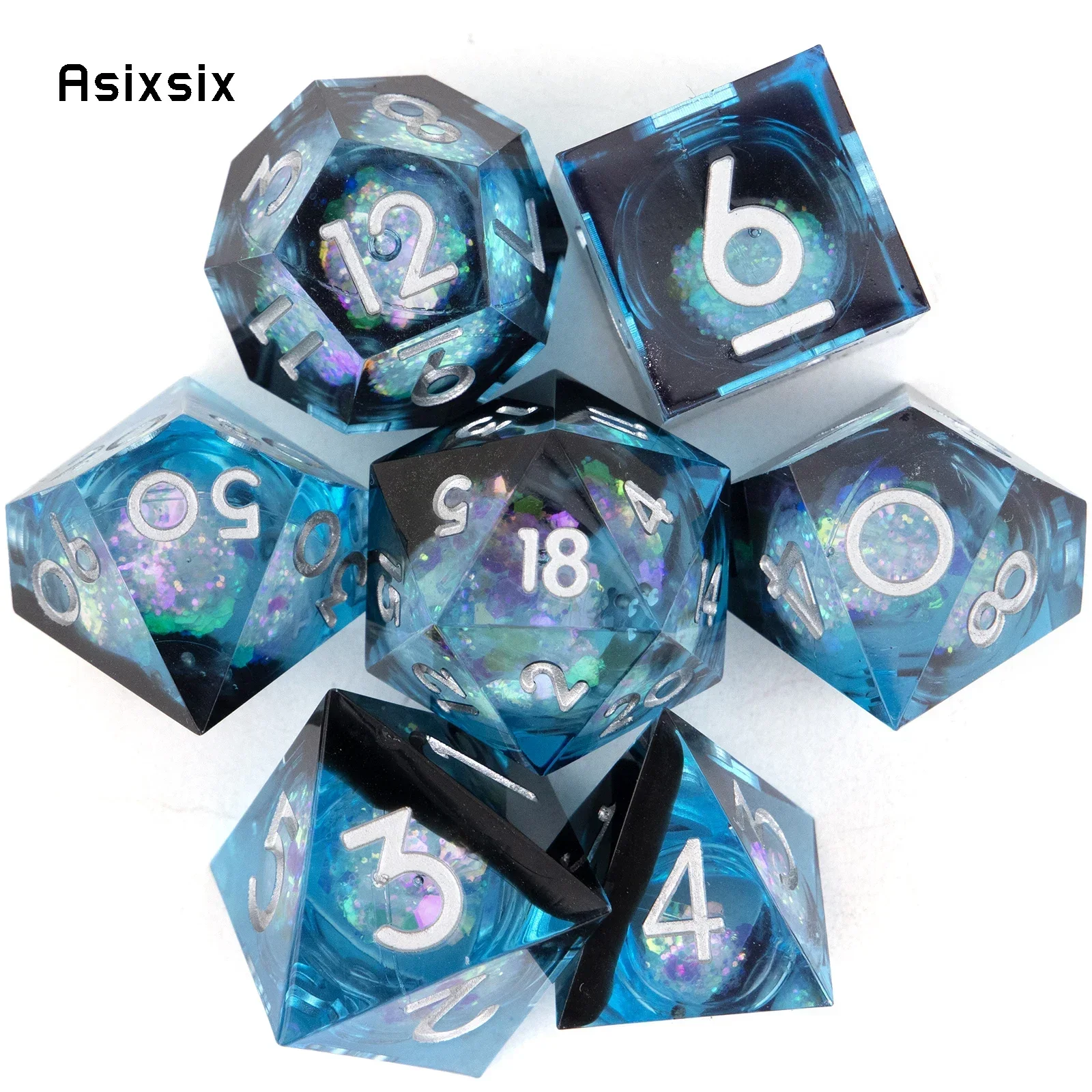 

7 Pcs Blue Flowing Sand White Number Sharp Edge Resin Dice Polyhedral Dice Suitable For Role-Playing DICE Prop