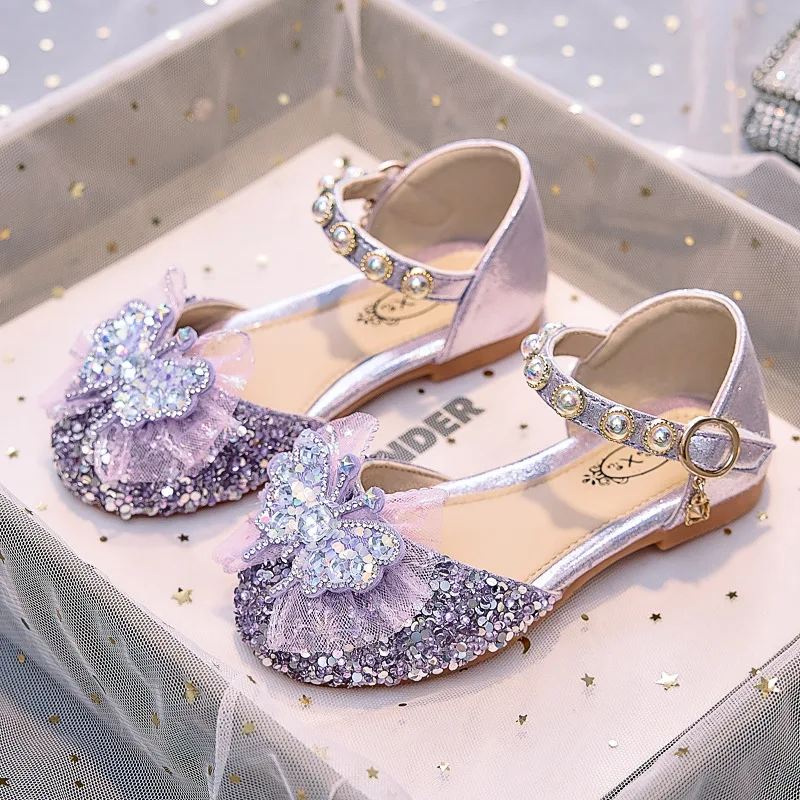 Chic Girls Dress Shoes for Wedding Party Bling Sequins with Rhinestone Butterfly Sweet Princess Chic Kids Flat Shoes Lace Beaded