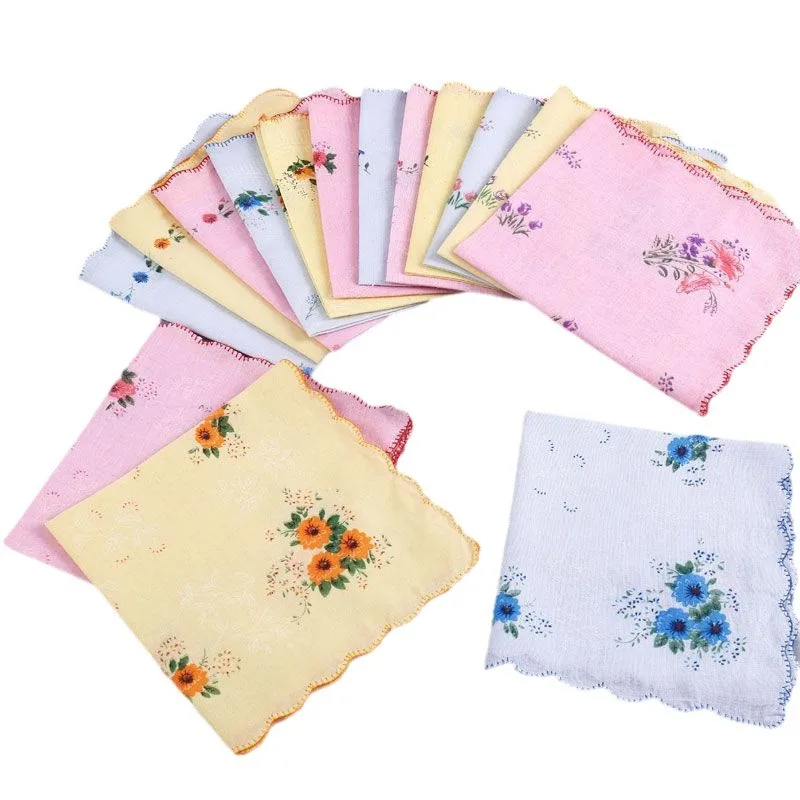 12 pz 28 x28cm fazzoletti di cotone da donna assortiti con bordo ondulato e stampa fiori floreali fazzoletto di cotone Hanky