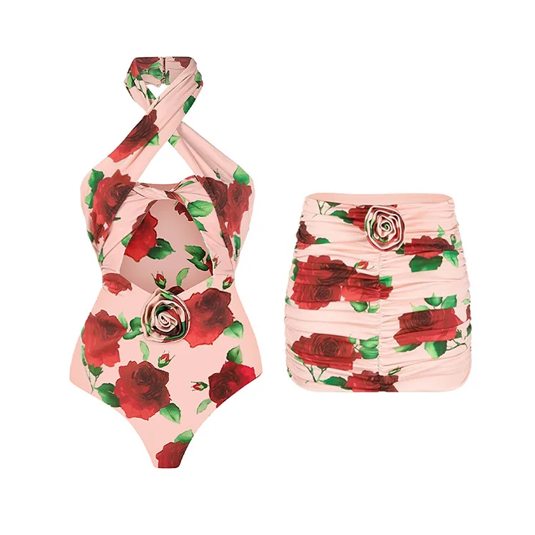 

2023 New Handmade Rose Flower Nelace One-Piece Swimsuit Women's Cross-Border Goods Fixed Chest Pad ort Sve Polyester