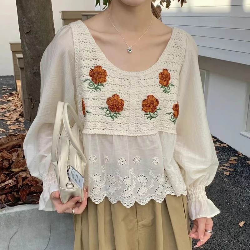 Top de ganchillo para mujer, blusa de punto abierta con bordado Floral y ojal, manga abombada, traje de vacaciones bohemio para primavera y verano