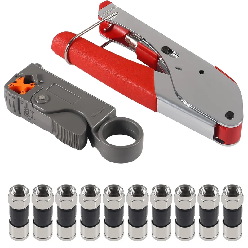 Coax Cable Crimper Coaxial Compression Tool Kit Wire Stripper with 10pcs F RG6 RG59 Connectors