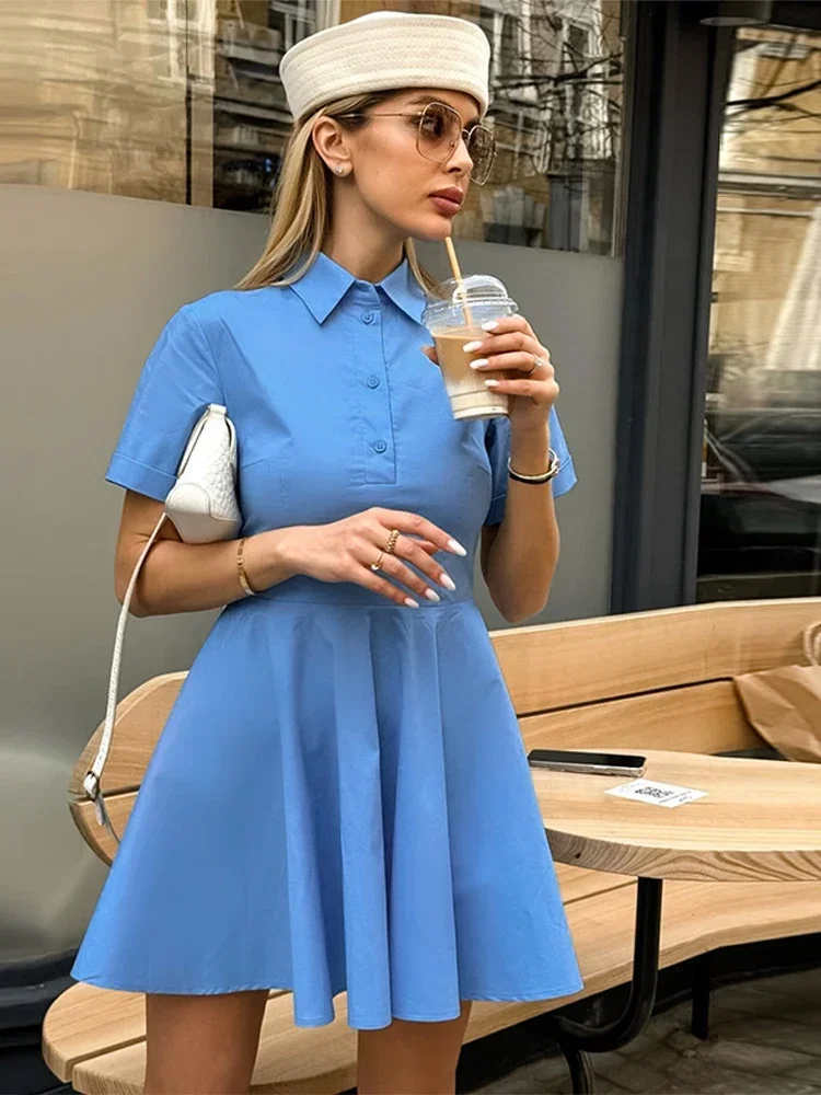 

Blue Casual Mini A-line Dress For Women Lapel Short Sleeve Pleated Hem Short Dresses Summer Lady High Waist Button Commuter Robe