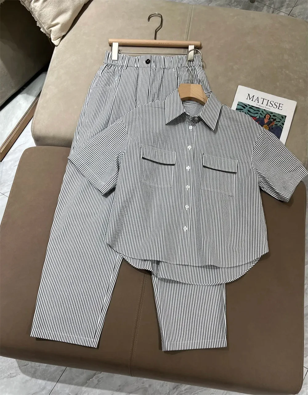 

Women's Summer 2 Piece Set Striped 100 Cotton Short-Sleeve Beaded Shirt Slim Elastic Waist Pants Suit