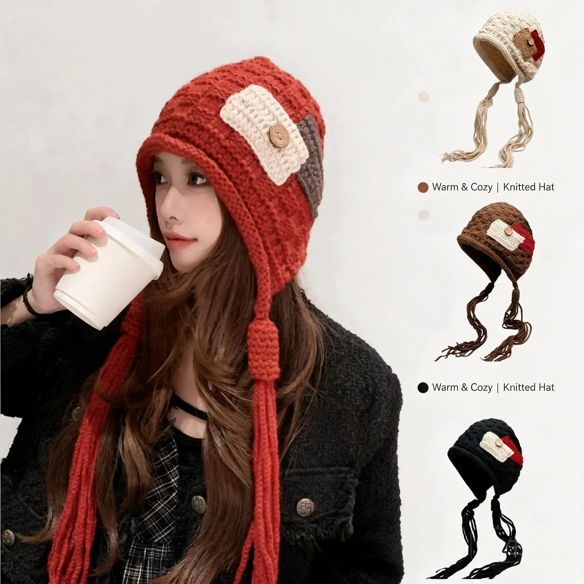 Womens Winter Handmade Braid Knitted Hat Button Patch Tassel Ear Flap Warm 100 Acrylic Beanie Casual Sporty Chic Style Coldproof