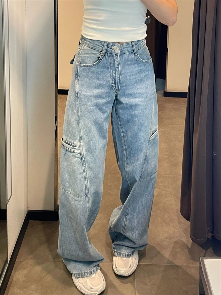 

Women's Light Blue Straight Wide Leg Vintage Jeans Cool Girl High Waisted Streetwear Fashion Pants Female Casual Denim Trouser