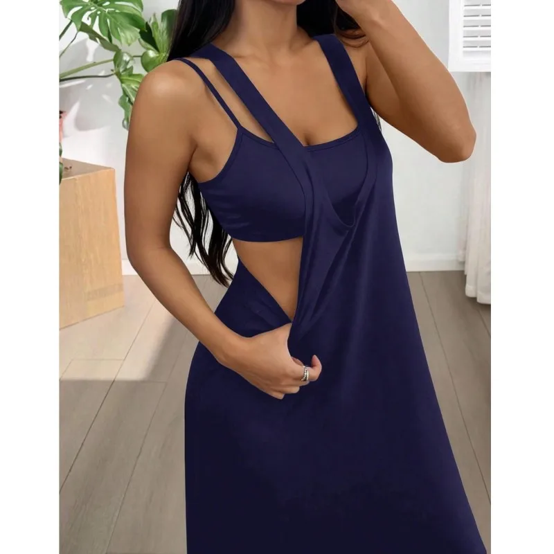 Casual Vest Top + Dress 2 Piece Set Summer Solid Sleeveless Backless Slim Maxi Dress Y2K Bodycon Elegant Dresses Female Clothing