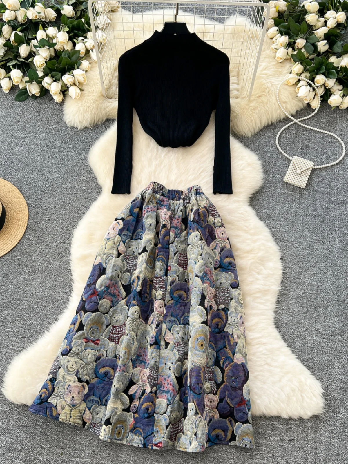 Premium Feel Women's Autumn Winter New Knitted Base Layer Sweater Bear Embroidery High Waist Flared  Skirt Faion Set